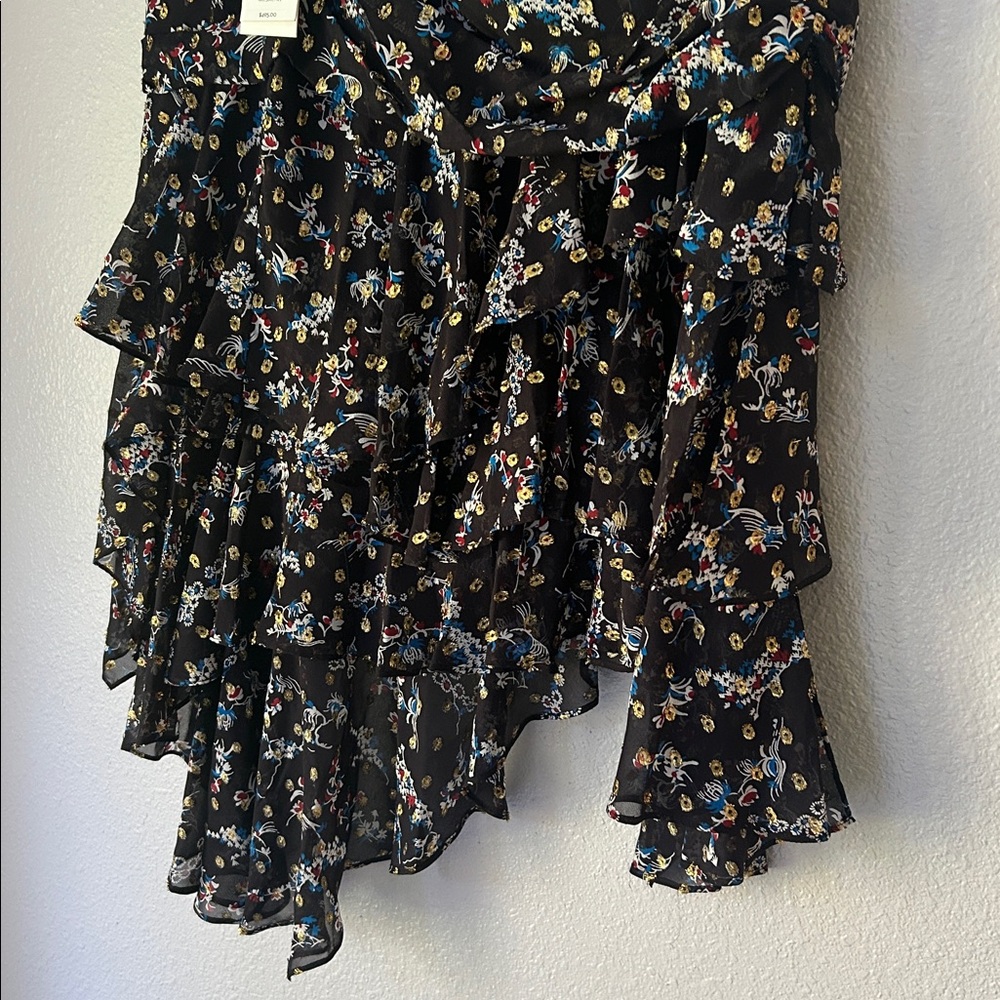 Veronica Beard Silk Gold Red Blue Black Ruffle Tiered Asymmetrical Dress Skirt - Picture 10 of 11